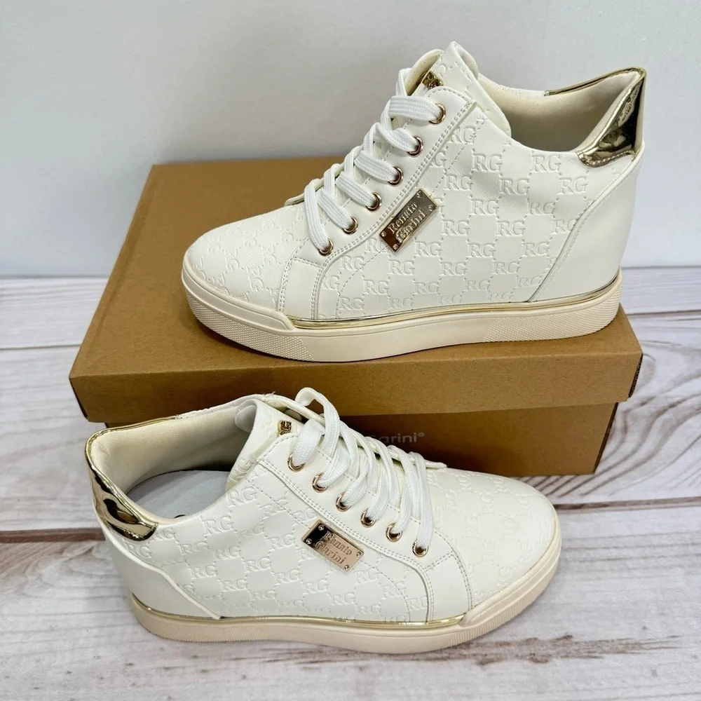 Renato Garini Step Up Your Game White & Gold High Top Wedge Sneakers NEW